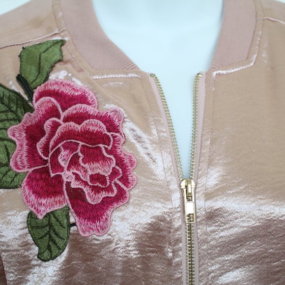 LIPSLIDE Bomber SILKY JACKET Shine EMBROIDERED Flower Detail VINTAGE - Size S - Picture 5 of 8